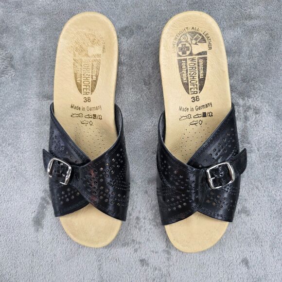 Worishofer 251P Women's Black leather Cork Wedge Slide Sandal US 8 EUR 38 - Picture 3 of 12